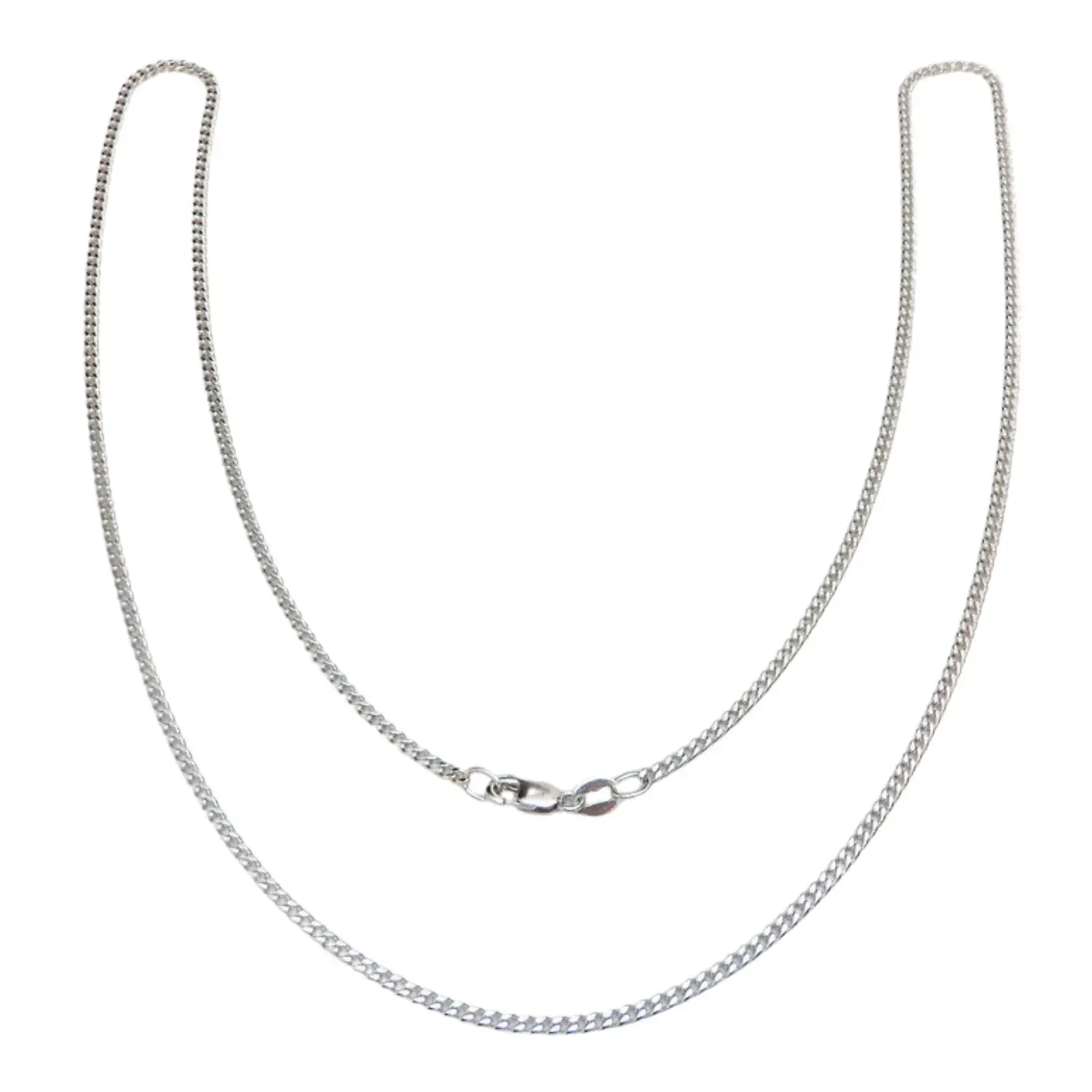 2.1mm 9ct white gold curb chain necklace with lobster clasp on white background