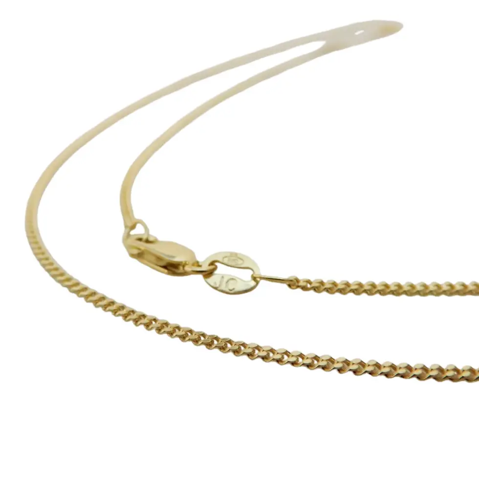9ct gold 1.4mm curb chain necklace close-up with lobster clasp detail