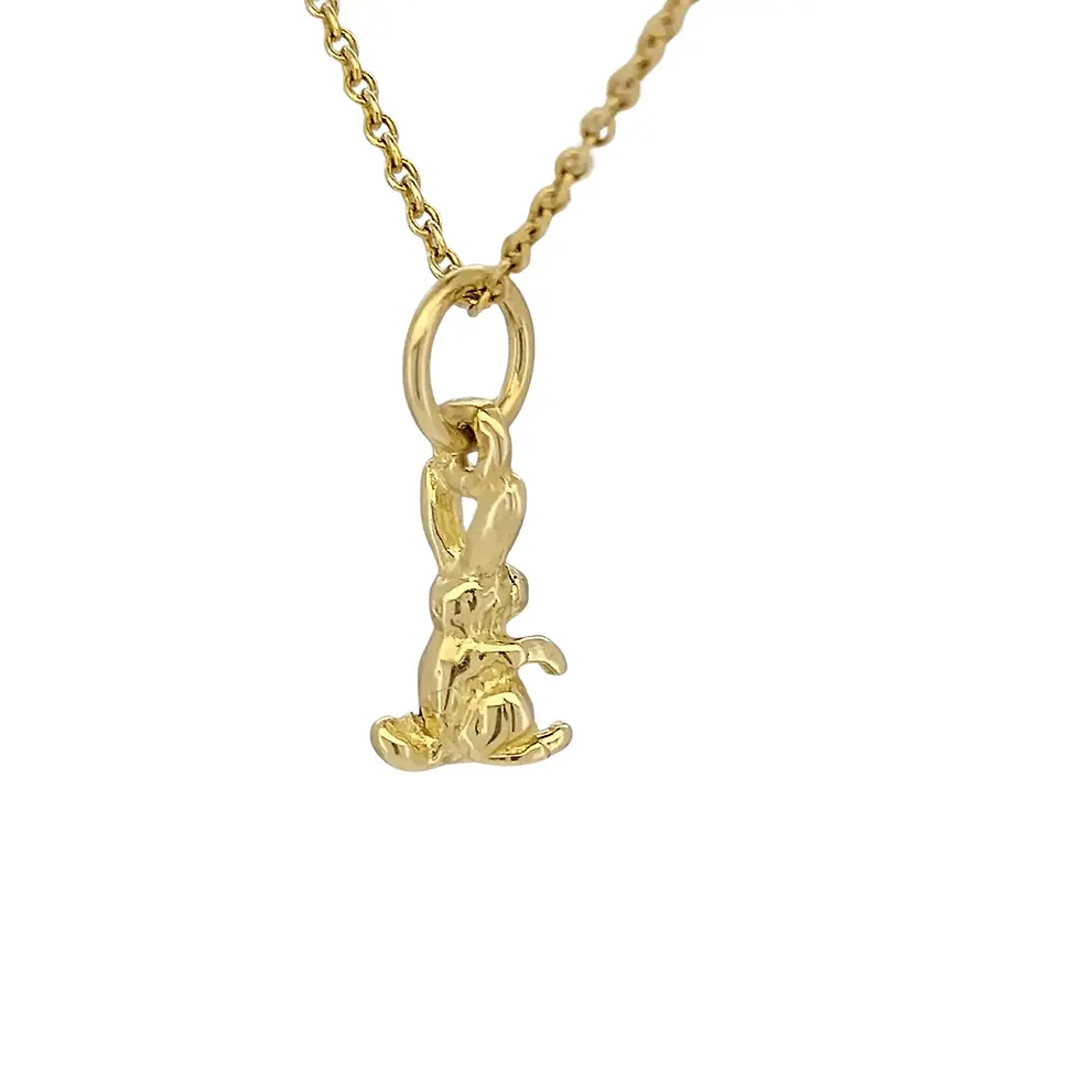 Full view of 9ct yellow gold rabbit pendant necklace on fine chain, front-facing