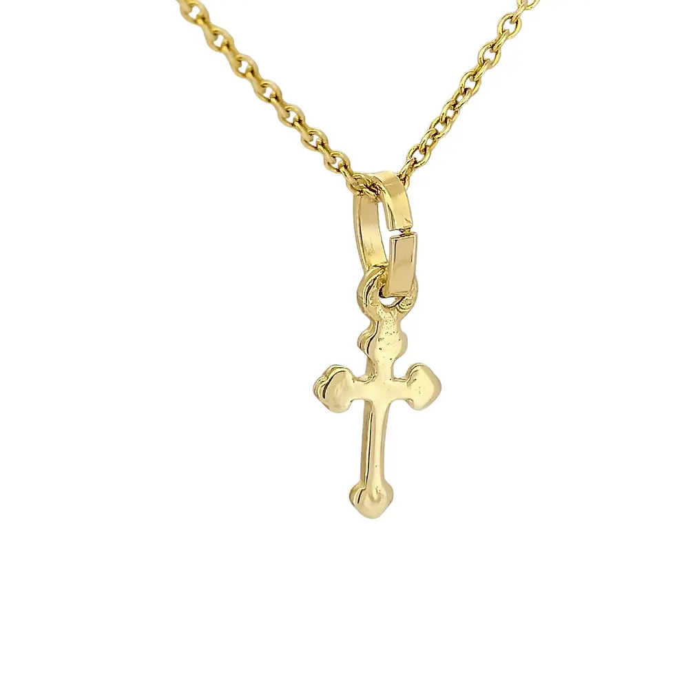 Thumbnail: Full display of 9ct yellow gold budded cross pendant necklace on fine chain