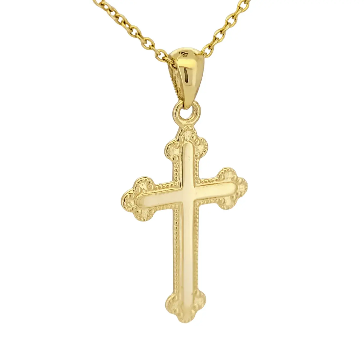 Close-up of 9ct yellow gold budded cross pendant symbolising renewal and hope on chain