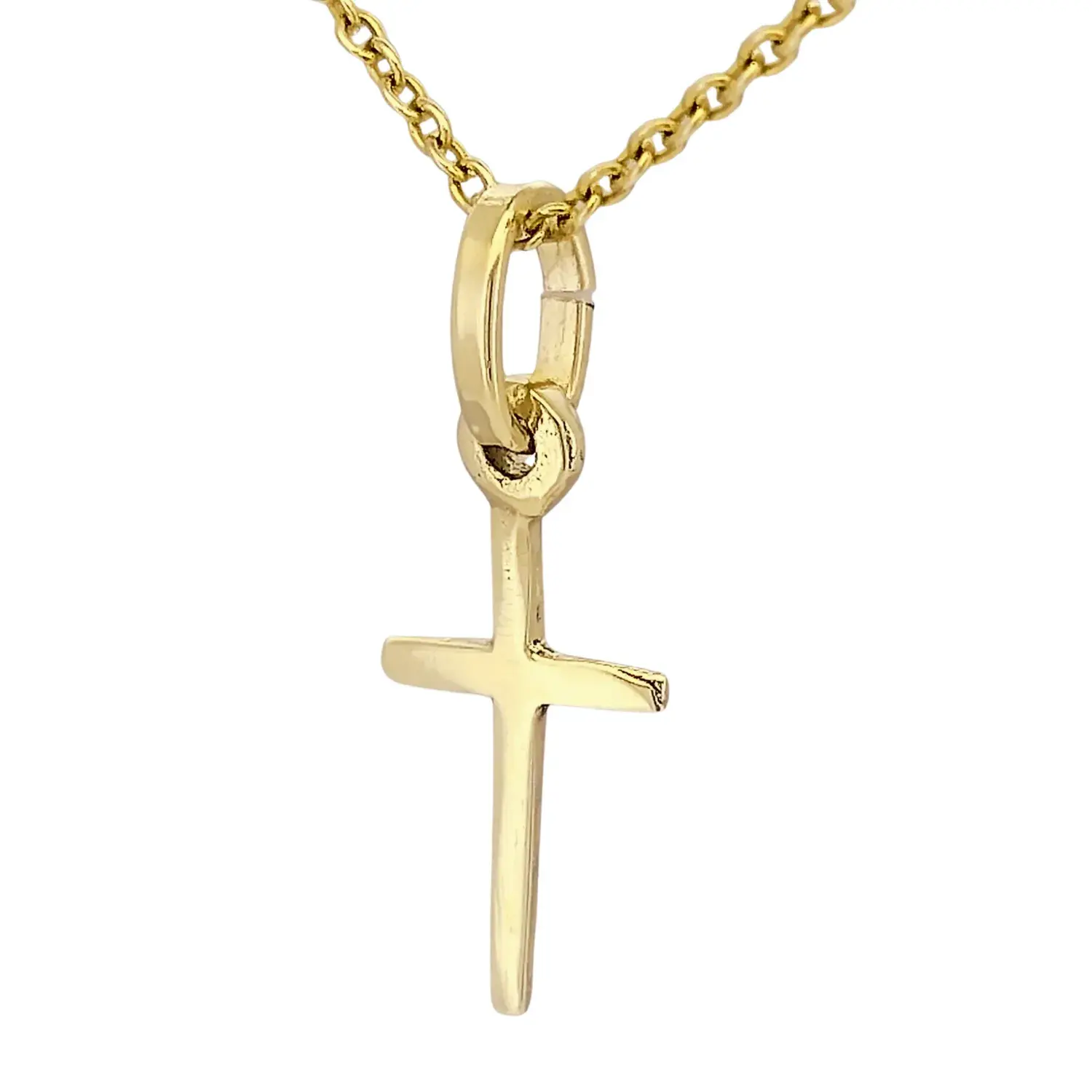 Close-up of 9ct yellow gold minimalist cross pendant, understated and timeless design