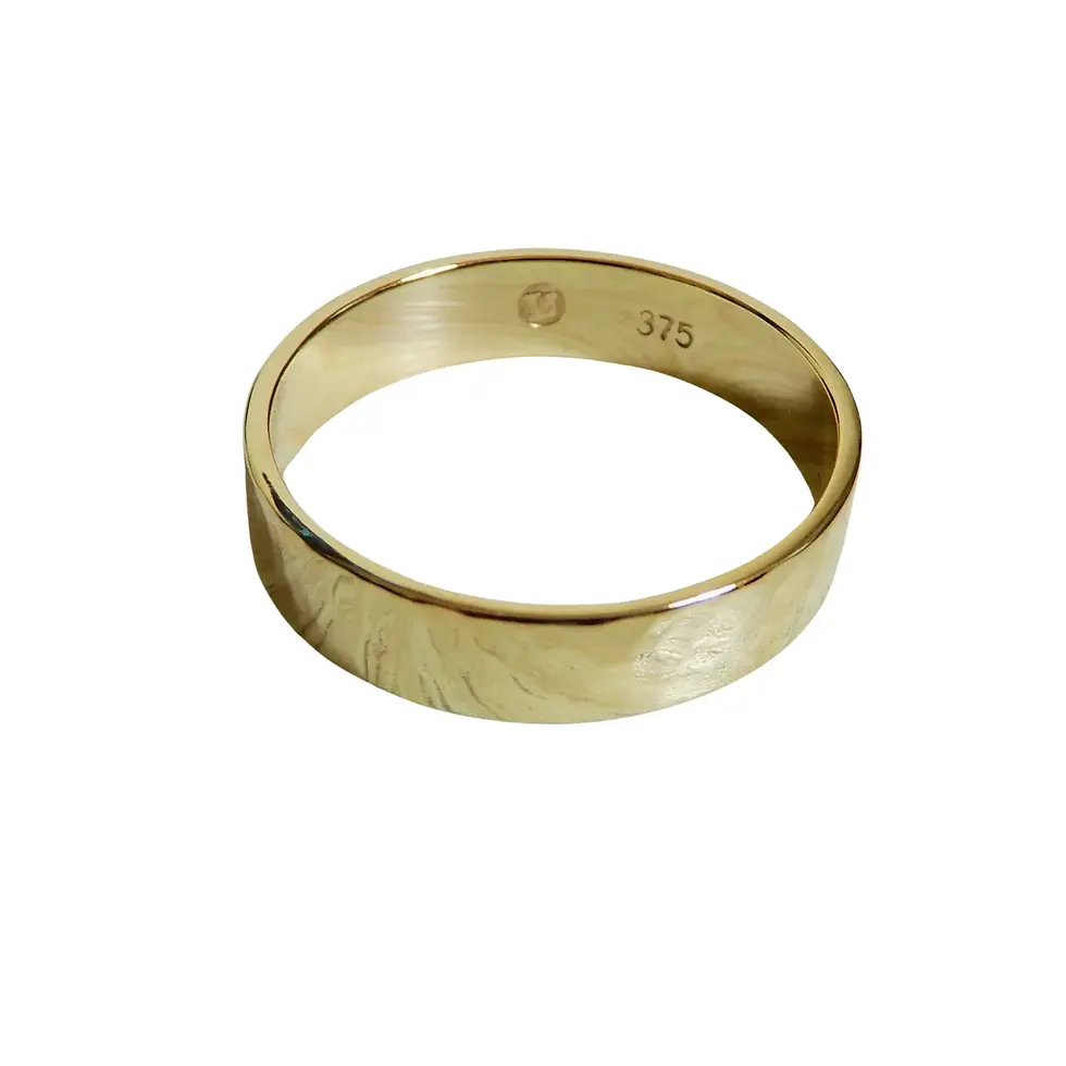 Thumbnail: Classic hammered texture 5mm yellow gold wedding ring displayed upright