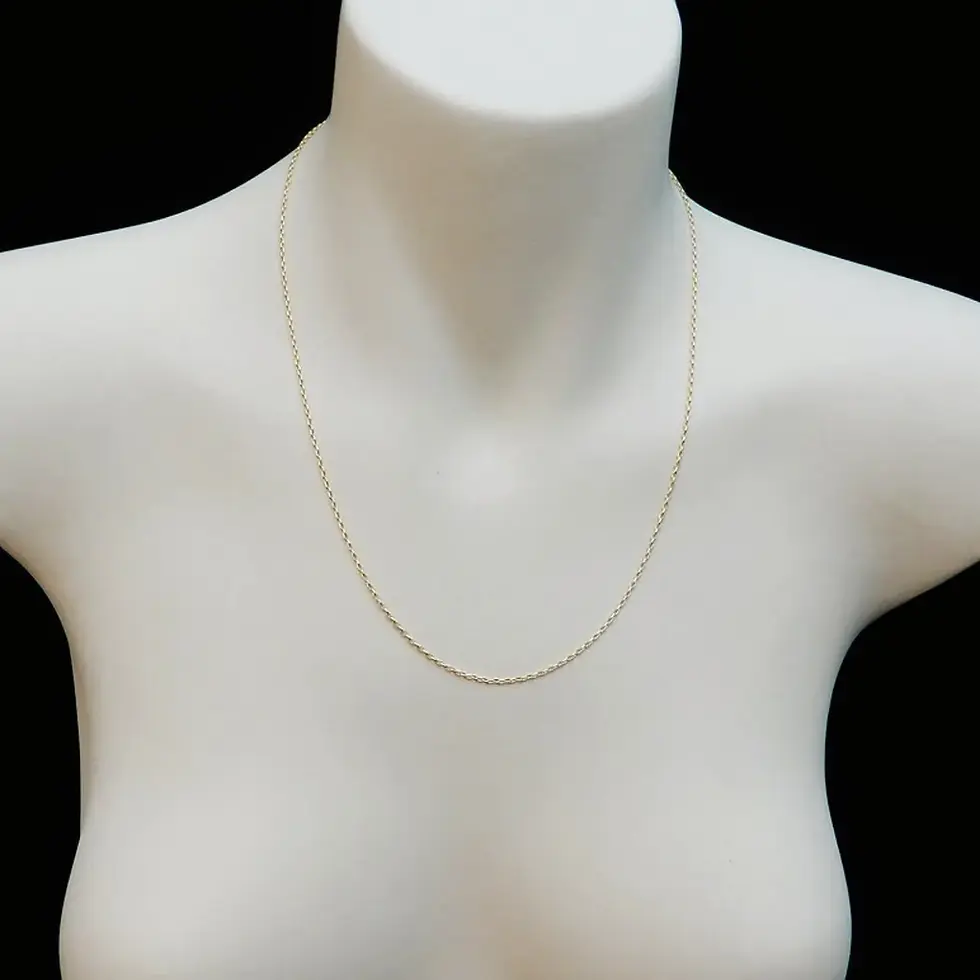 Thumbnail: 9ct gold oval belcher chain necklace styled for everyday wear on mannequin