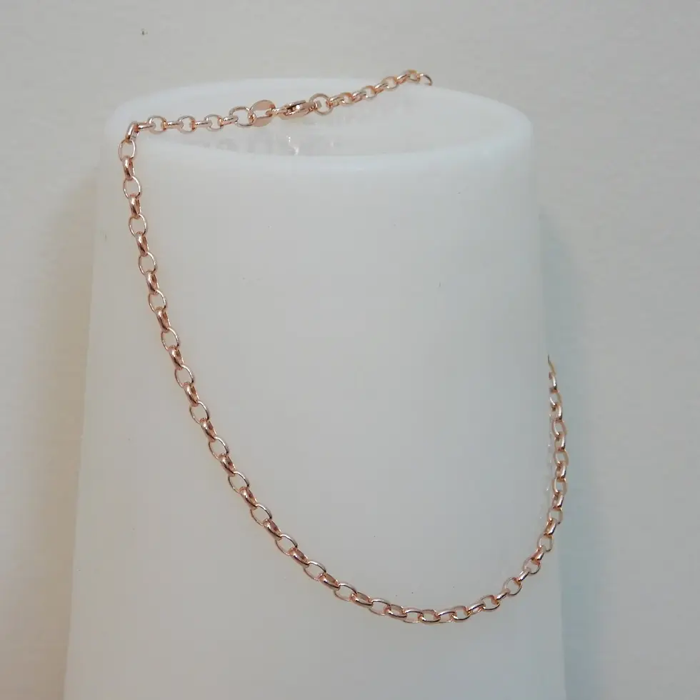 Thumbnail: 2.5mm oval belcher anklet in rose gold styled on white cylindrical display