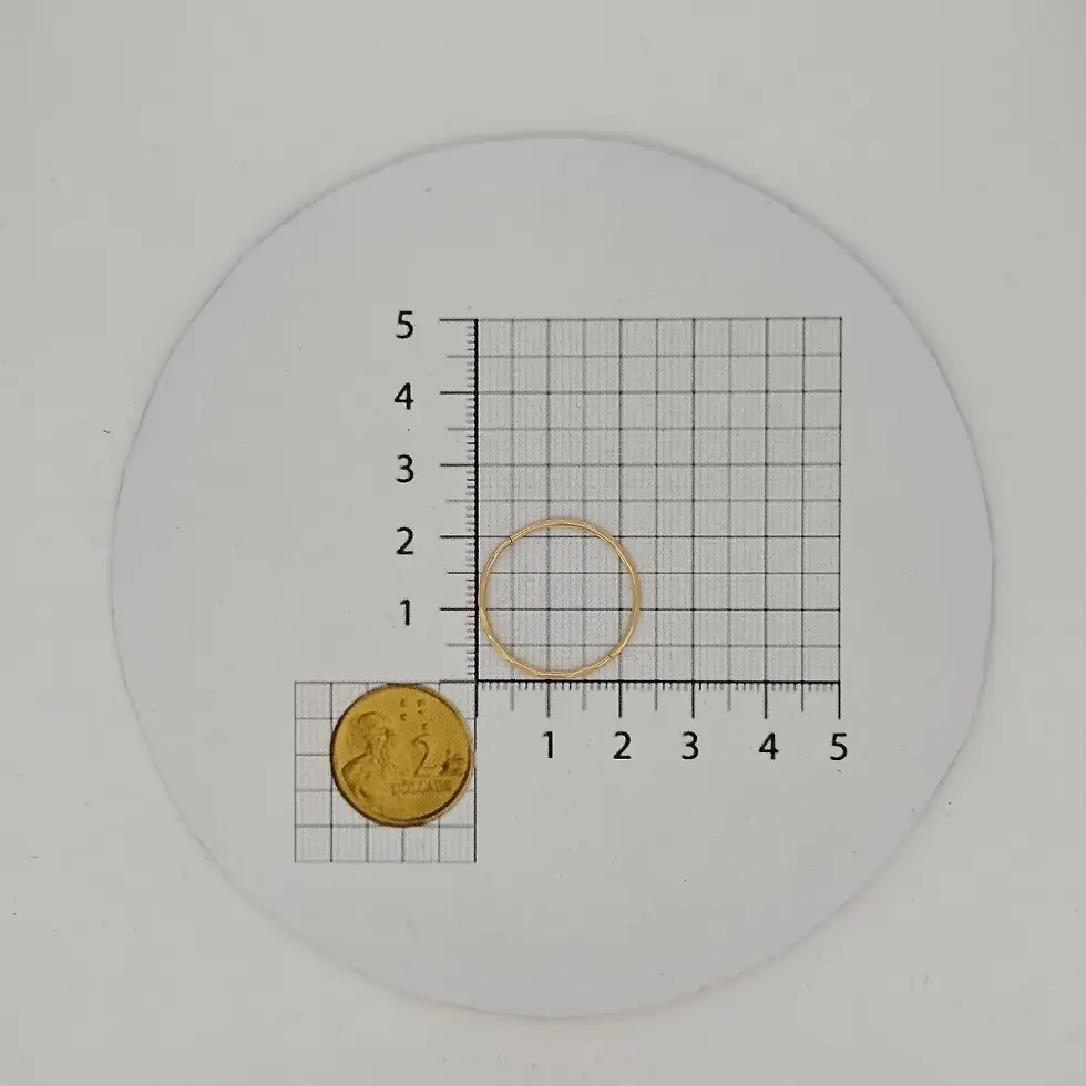Thumbnail: Size reference of 9ct rose gold faceted sleeper earrings beside ruler and coin.
