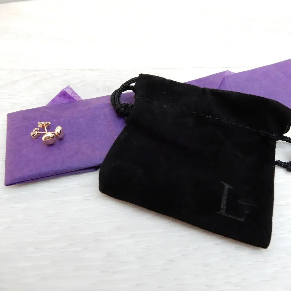Thumbnail: Pair of 9ct rose gold 5mm ball stud earrings with purple pouch and black gift bag