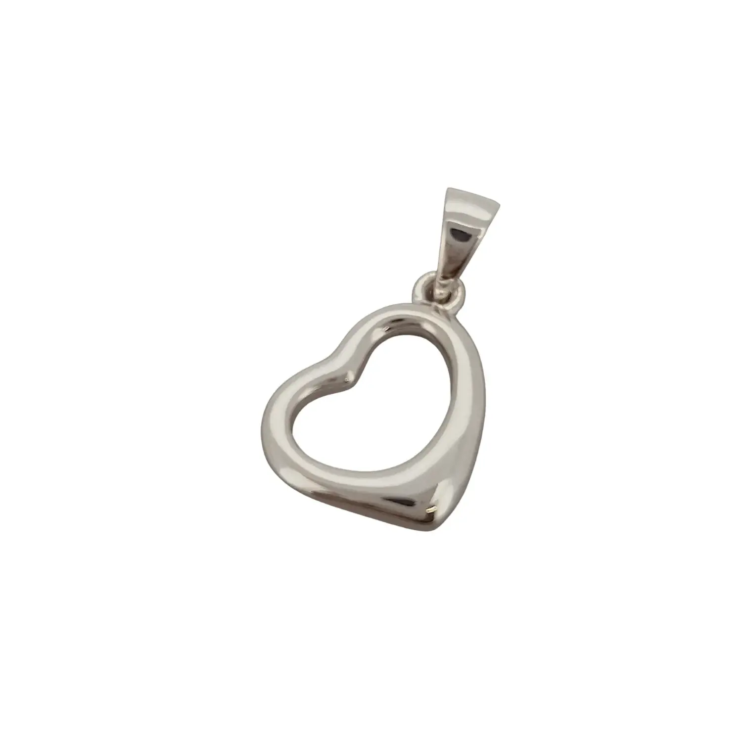 Sterling silver open heart pendant with asymmetrical design on white background