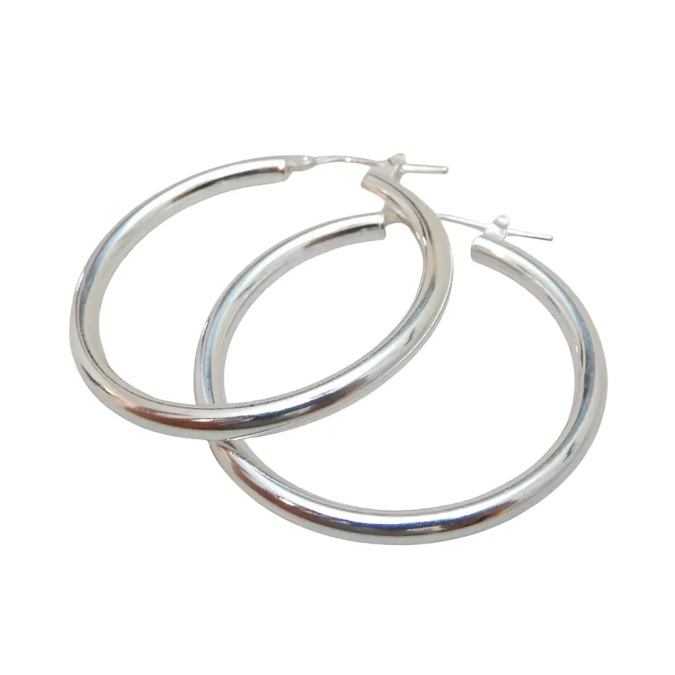Thumbnail: Two 36mm sterling silver hoop earrings with polished finish overlapping