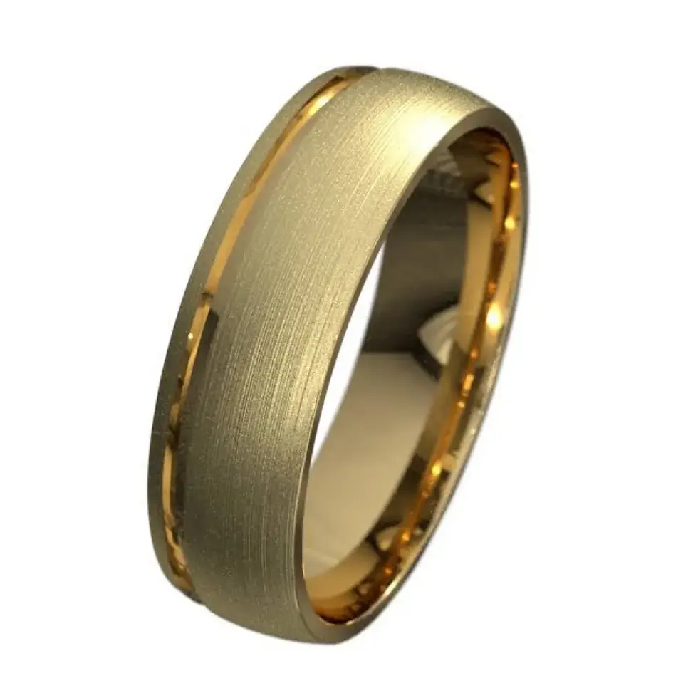 Thumbnail: 5mm yellow gold brushed ring with polished groove design