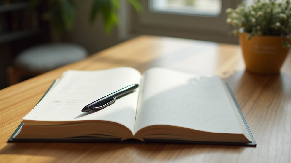 Vue rapprochée d’un carnet ouvert avec un stylo posé dessus sur une table en bois clair