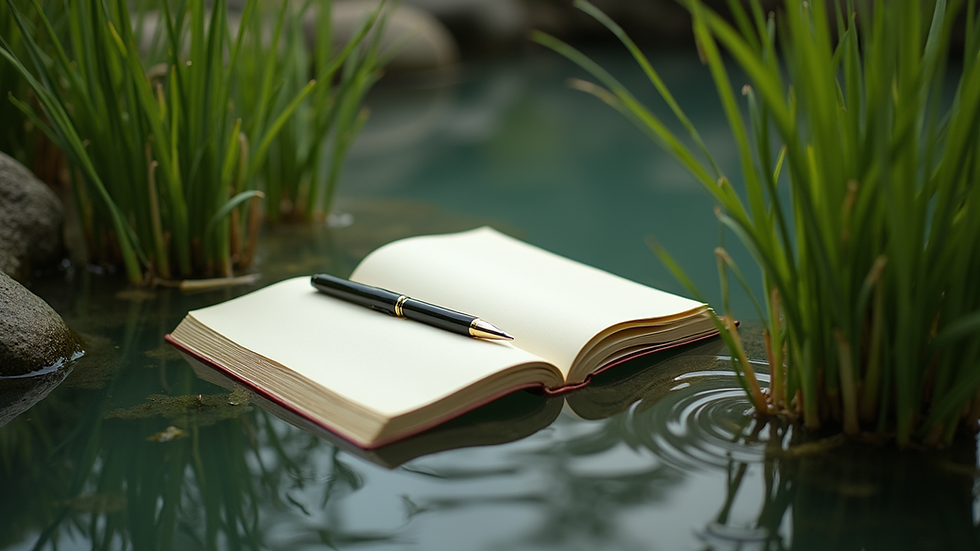 Vue en plongée d’un carnet ouvert avec un stylo posé dessus, entouré de plantes vertes