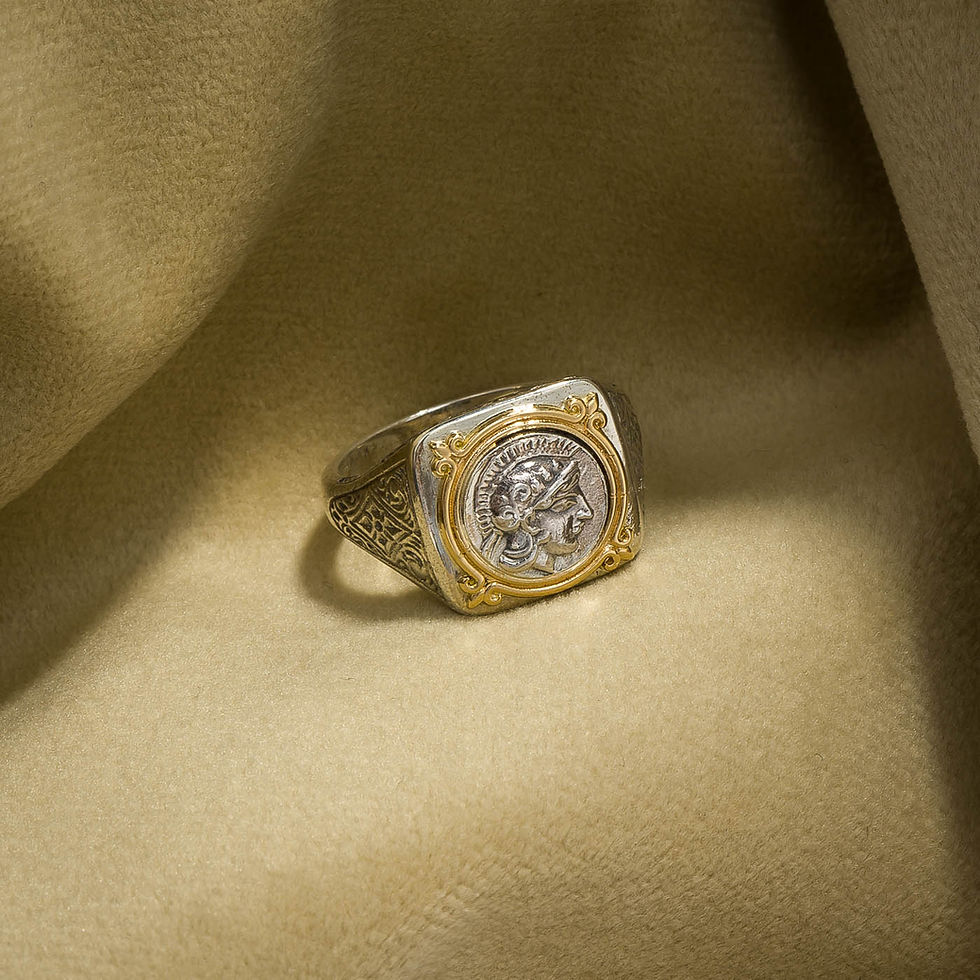 Handmade men’s ring in gold and silver with Goddess Athena