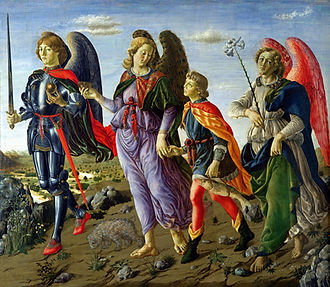The archangels Michael, in armor with a sword, Raphael, leading young Tobias by the hand while the boy carries a fish, and Gabriel, holding a lily, walk across a hilly landscape with Tobias's little dog at their feet (Francesco Botticini, The Three Archangels and Tobias, c. 1470)