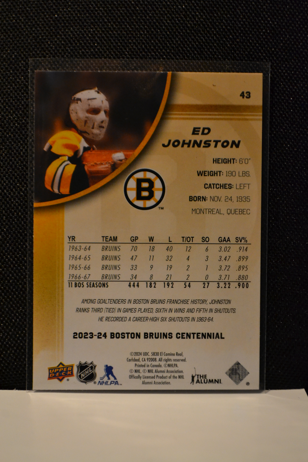 Thumbnail: 2023 Bruins Centennial Ed Johnston yellow parallel