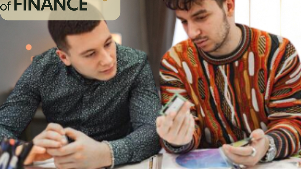 Gay couple sitting together at a table reviewing money and documents, with The Heart of Finance branding