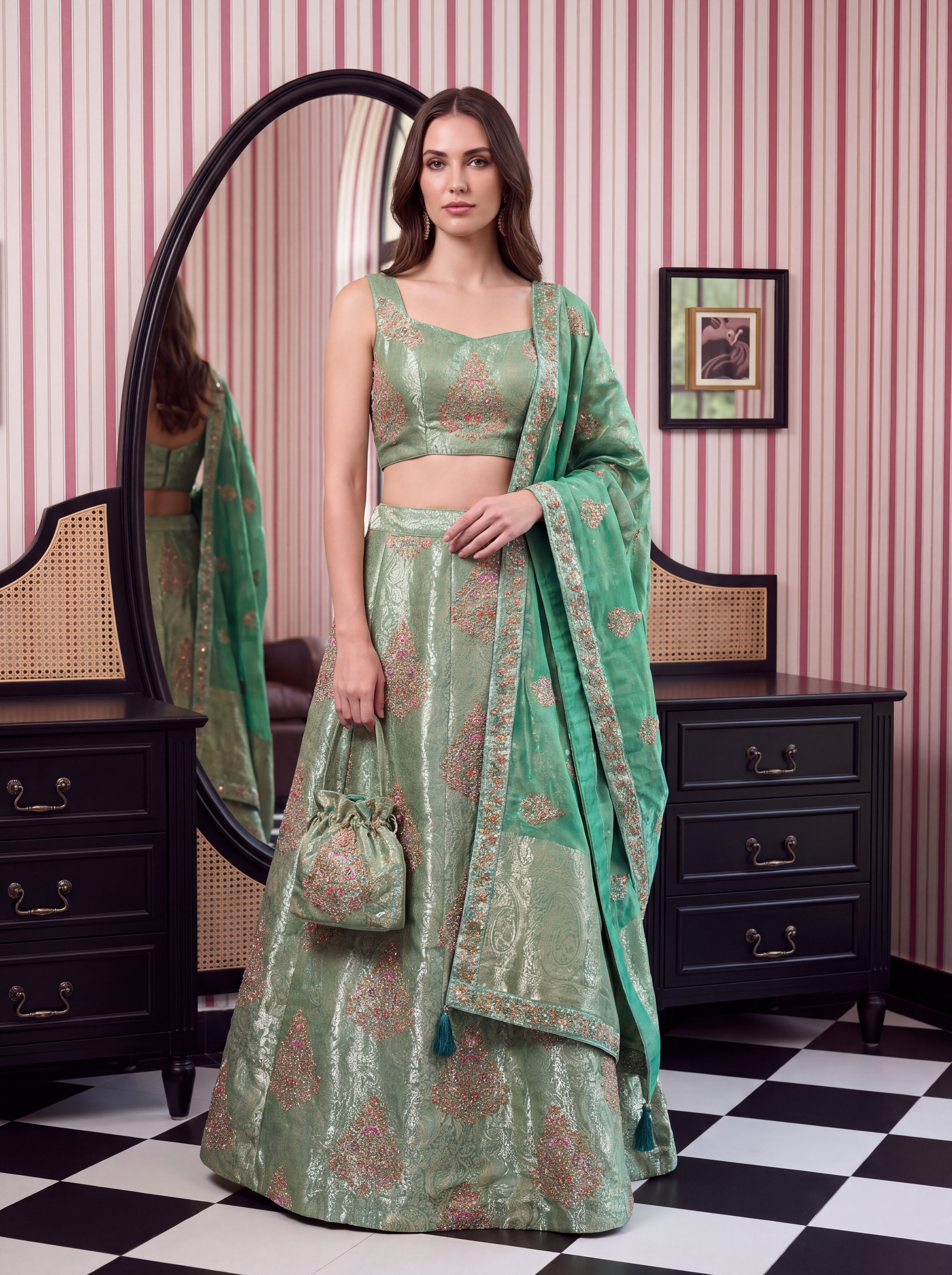 Green Banarasi Party Lehenga