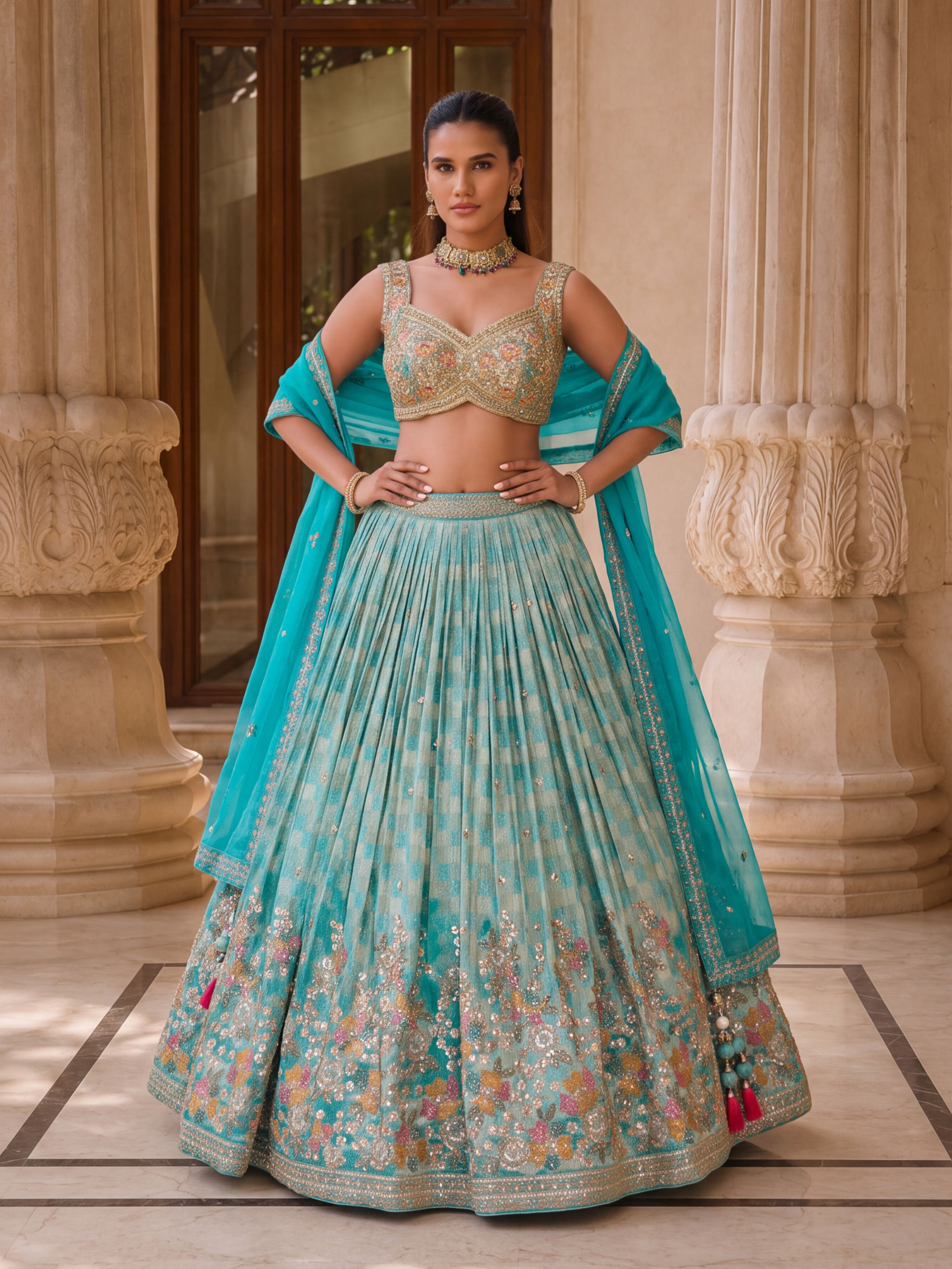 Aqua Blue Embroidered Lehenga