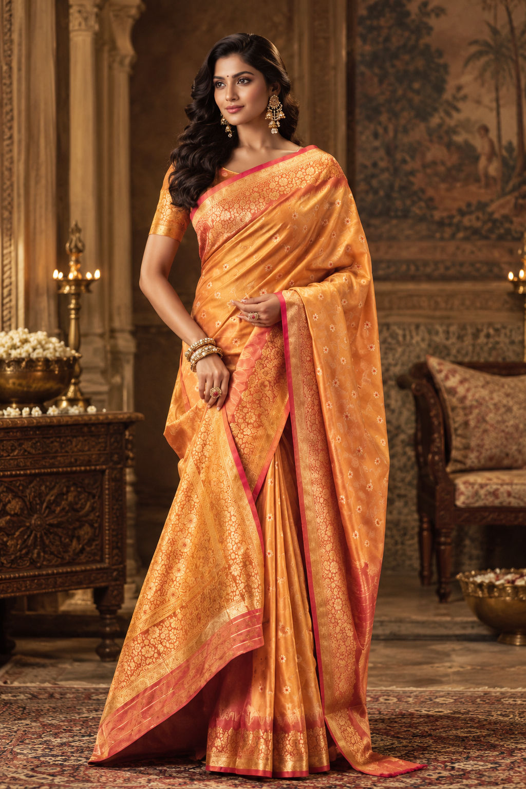 Peachish orange Benarasi Saree.