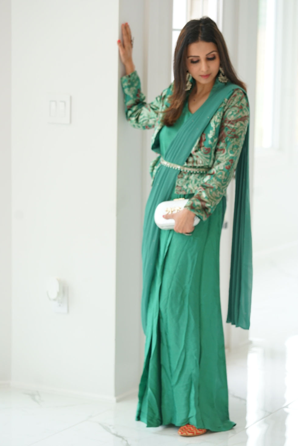 Thumbnail: Drape Saree - Saree, Jacket & Belt Set - Sea Green.
