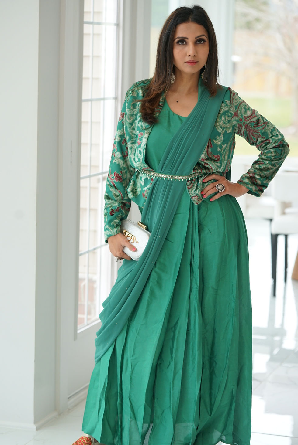 Thumbnail: Drape Saree - Saree, Jacket & Belt Set - Sea Green.