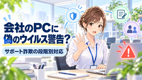 偽のウイルス警告が出たノートPCを前に、操作を止める女性社員のイラスト