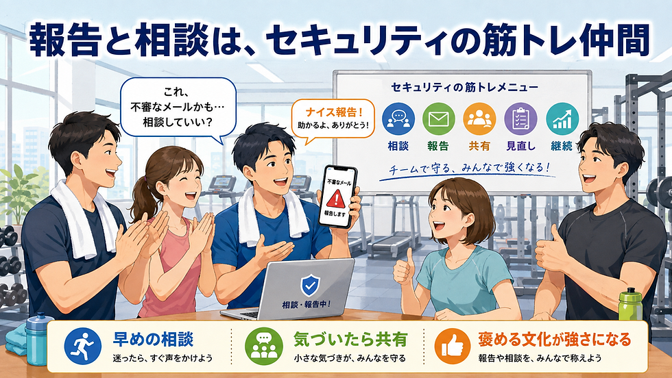 ジムにいるメンバーが不審メールの報告を称賛し、相談・報告・共有・見直し・継続をチームで行うことの大切さを表したイラスト