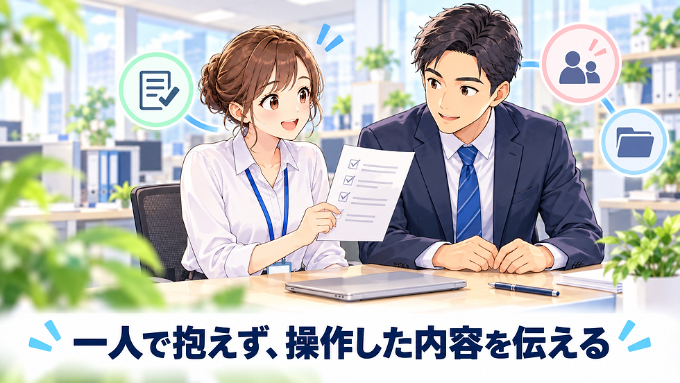 女性社員が総務担当者に相談し、操作した内容のメモを一緒に確認するイラスト