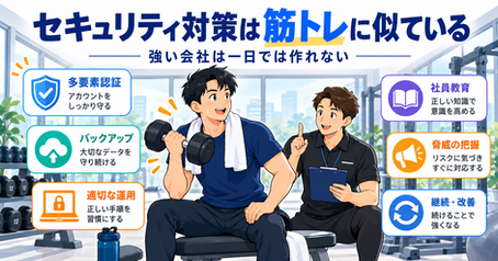 セキュリティ対策を筋トレに例え、ジムでダンベルを持つ人物とトレーナーが、多要素認証・バックアップ・社員教育・脅威の把握・継続改善などの対策を示しているイラスト