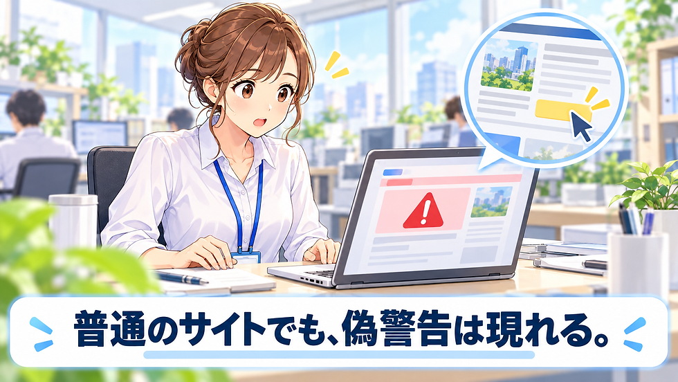 ニュースサイトの閲覧中に偽の警告画面が表示され、驚く女性社員のイラスト
