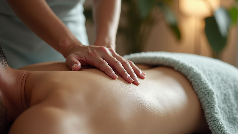 Close-up view of massage therapist applying gentle pressure on a client's back