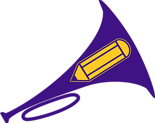 Fanfarillus logomark depicting a flat, indigo 2d graphic fanfare trumpet containing a yellow pencil.