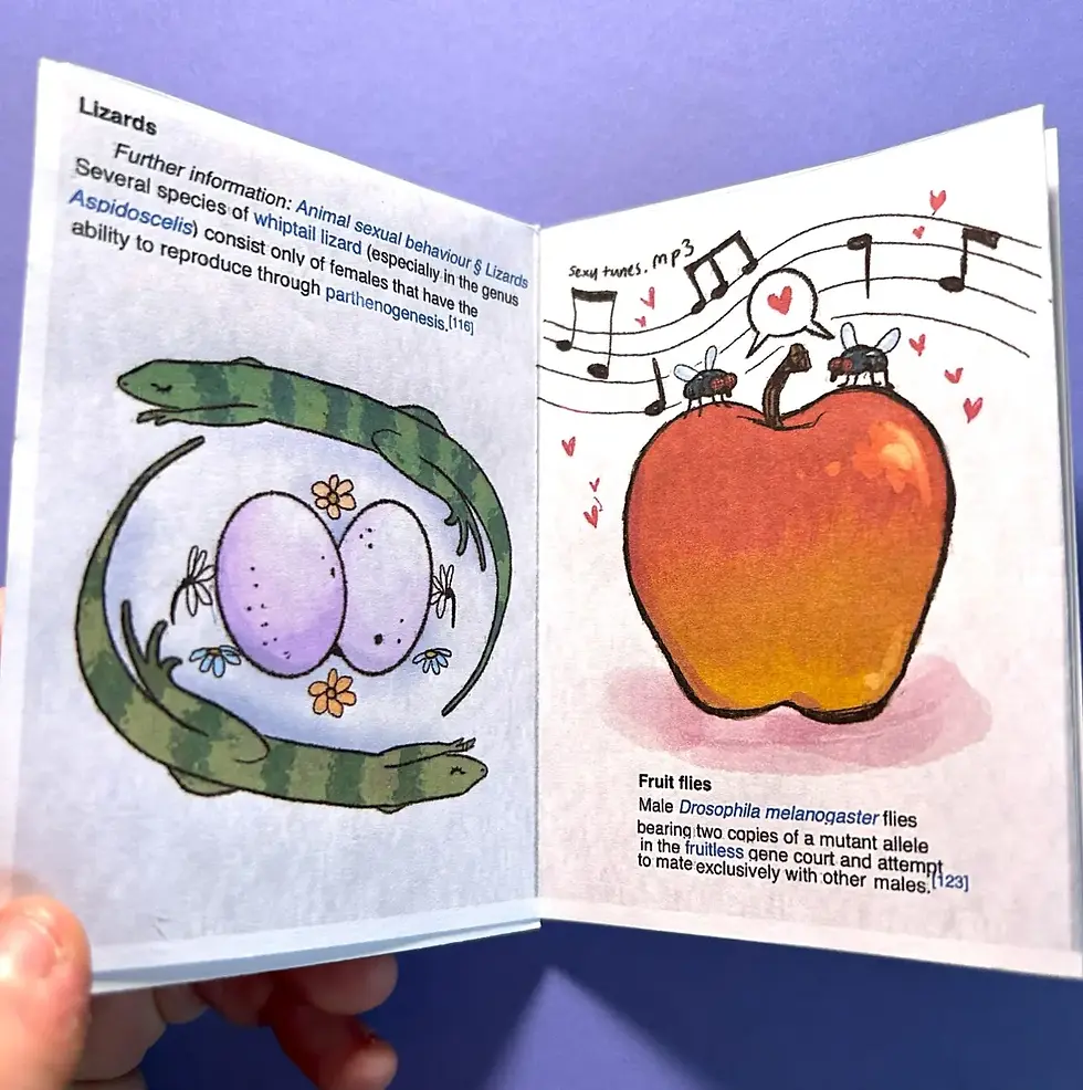 Thumbnail: Photograph providing a sneak peak of the zines contents. The left page page depicts two female lizards, curled around an egg and sleeping, while the right hand page depicts two fruit flies, having a star crossed meeting atop an apple. These pages include corresponding captions pulled from excerpts of the wikipedia article the zine is named after.