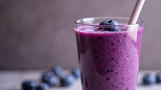 Close-up view of a vibrant purple smoothie in a glass