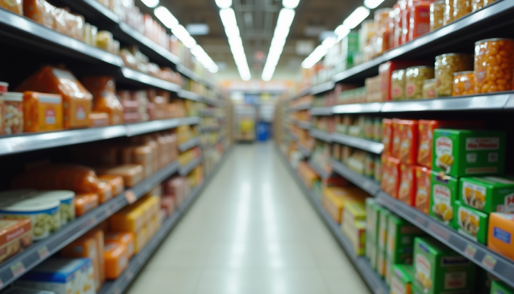 Eye-level view of a grocery store aisle with plastic-packaged food items