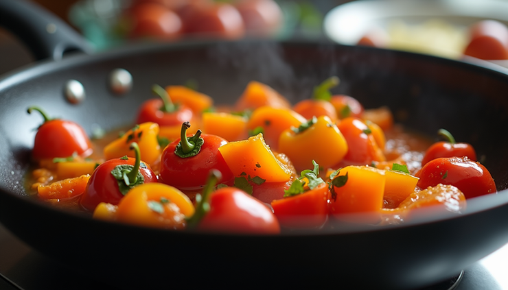 Eye-level view of sautéed bell peppers in a pan