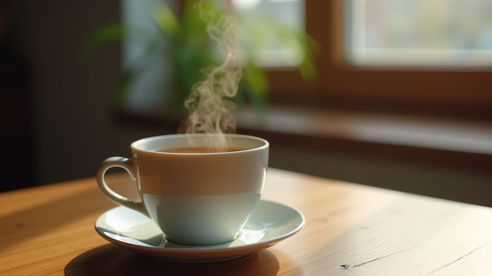 Eye-level view of a steaming cup of herbal tea on a wooden table