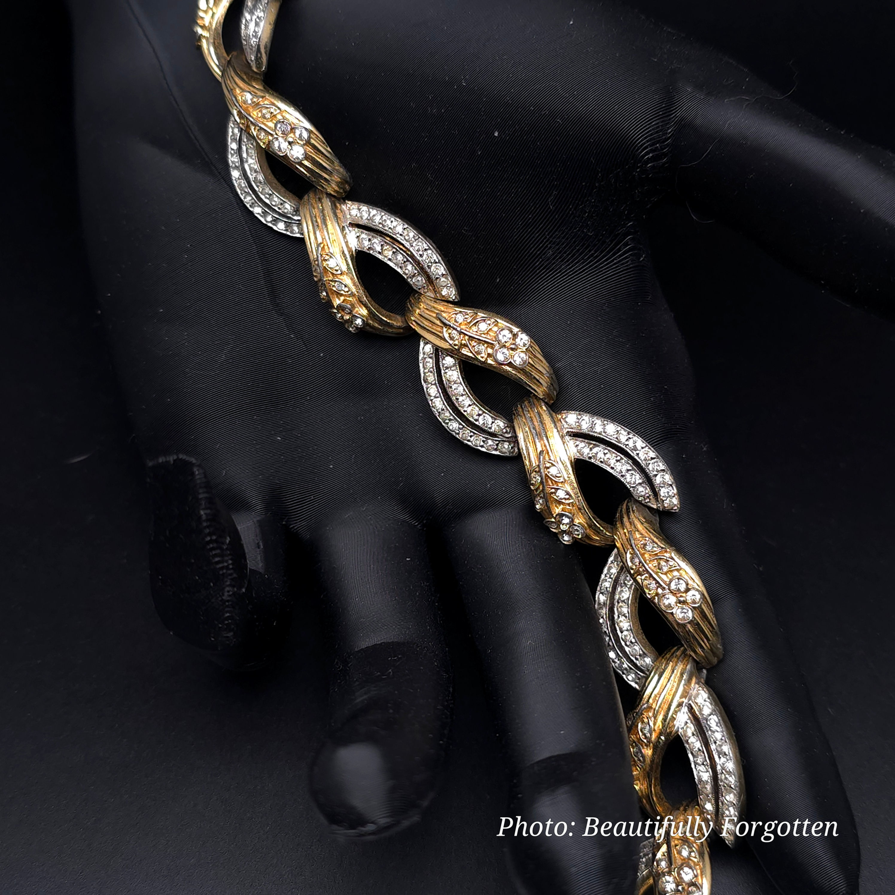 Signed Mazer Gold Silver Tone Bracelet With Clear Rhinestones