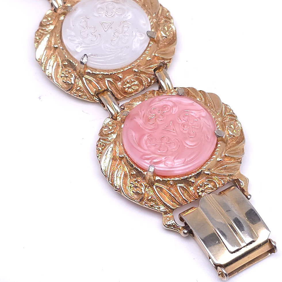 Thumbnail: Signed Hobe Pink & White Etched Designed On Gold Tone Bracelet