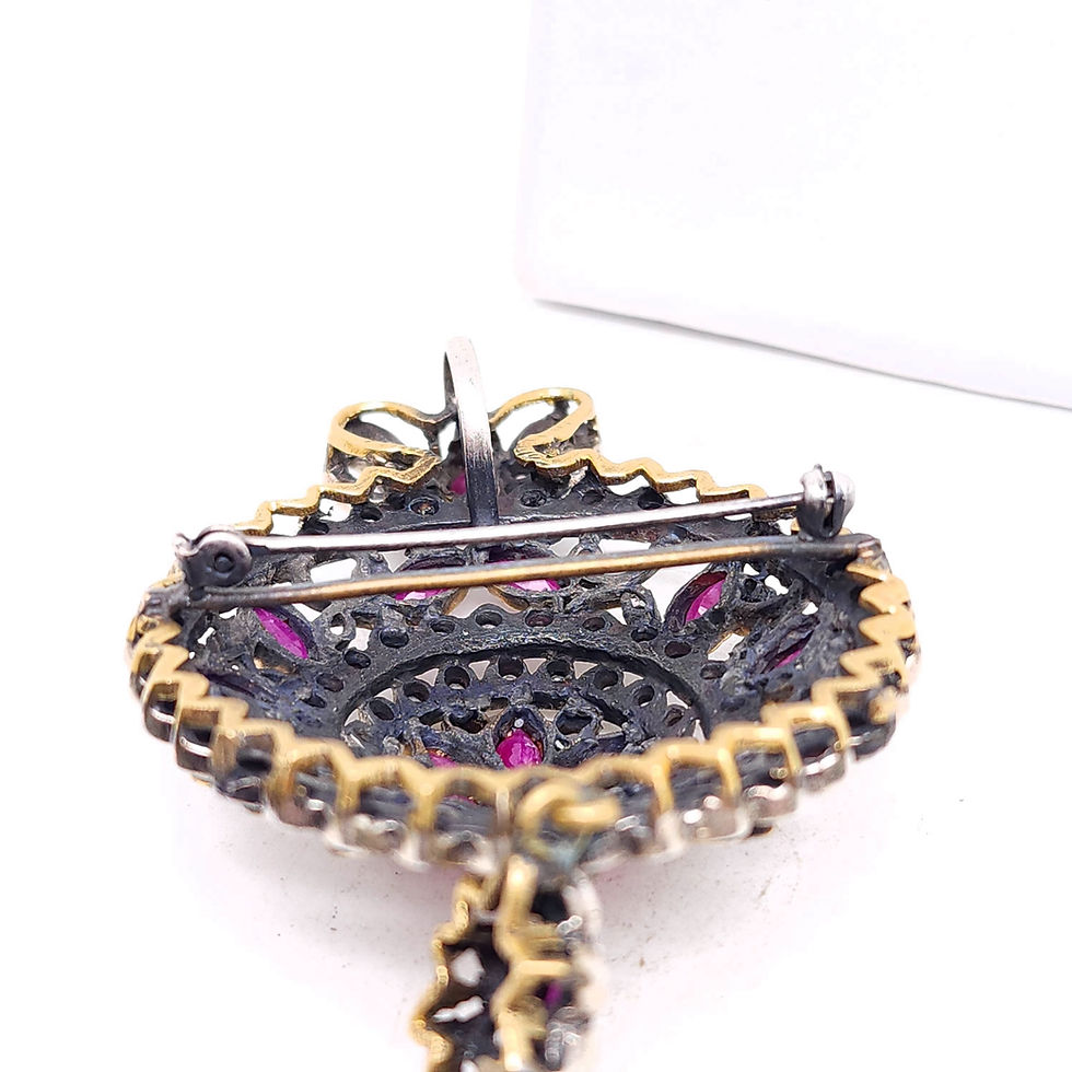 Thumbnail: Kundan Indian Sterling Ruby CZ Brooch / Pendant & Earrings Wedding Jewelry Set