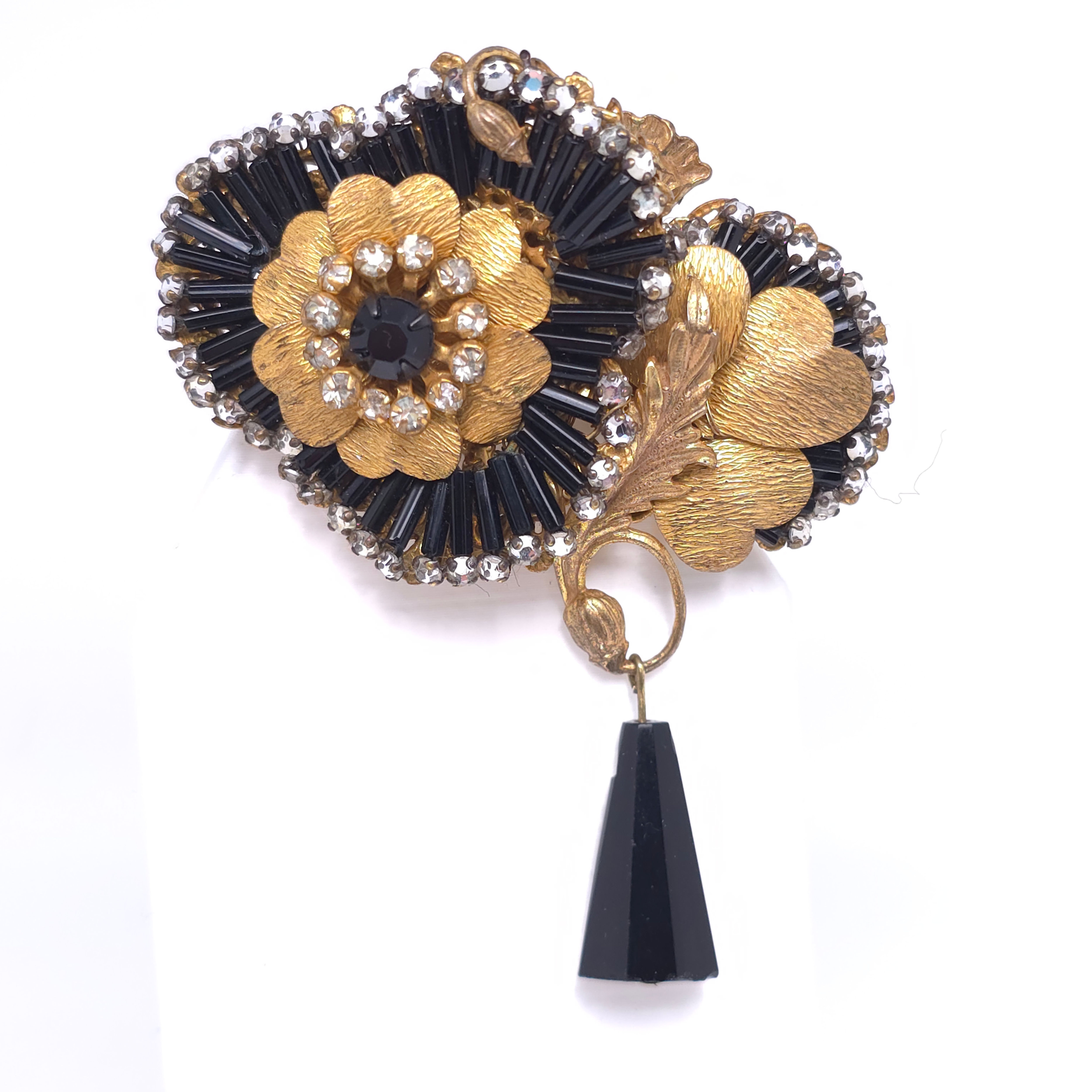 Signed Miriam Haskell Gold Tone Black Glass Brooch 