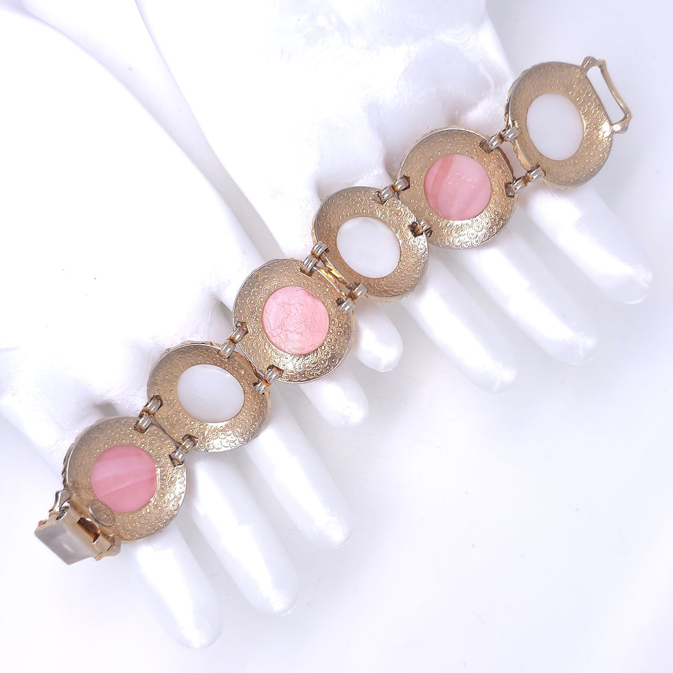 Thumbnail: Signed Hobe Pink & White Etched Designed On Gold Tone Bracelet