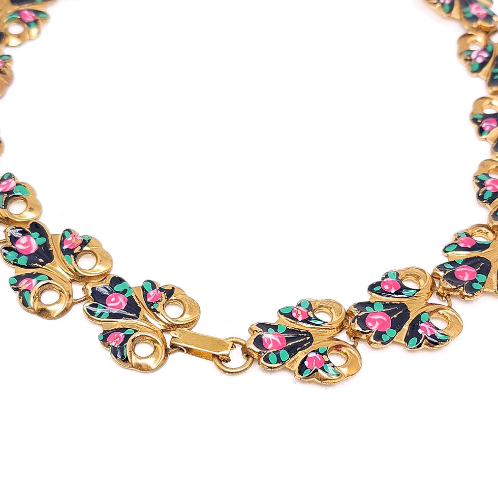Thumbnail: Vintage French Hand Painted Enamel Pink Rose Flowers Gold Plated Link Necklace