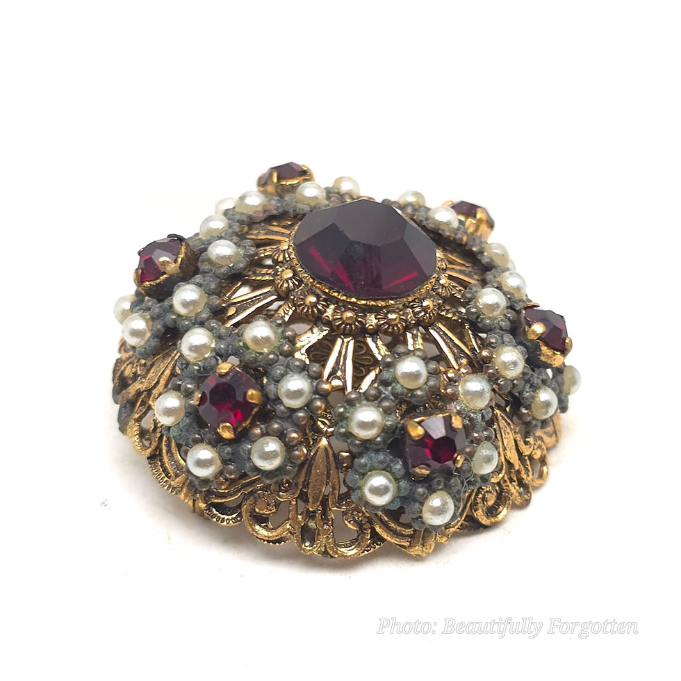 Thumbnail: Vintage West Germany Filigree Brooch – 1.5" Red Rhinestone & Pearl – Signed

