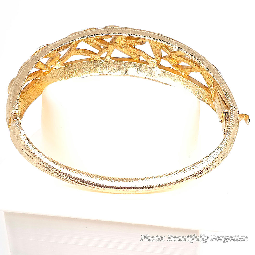 Thumbnail: Signed Kramer Goldtone Rhinestone Leaf Bangle Bracelet– 6.25" Wearable