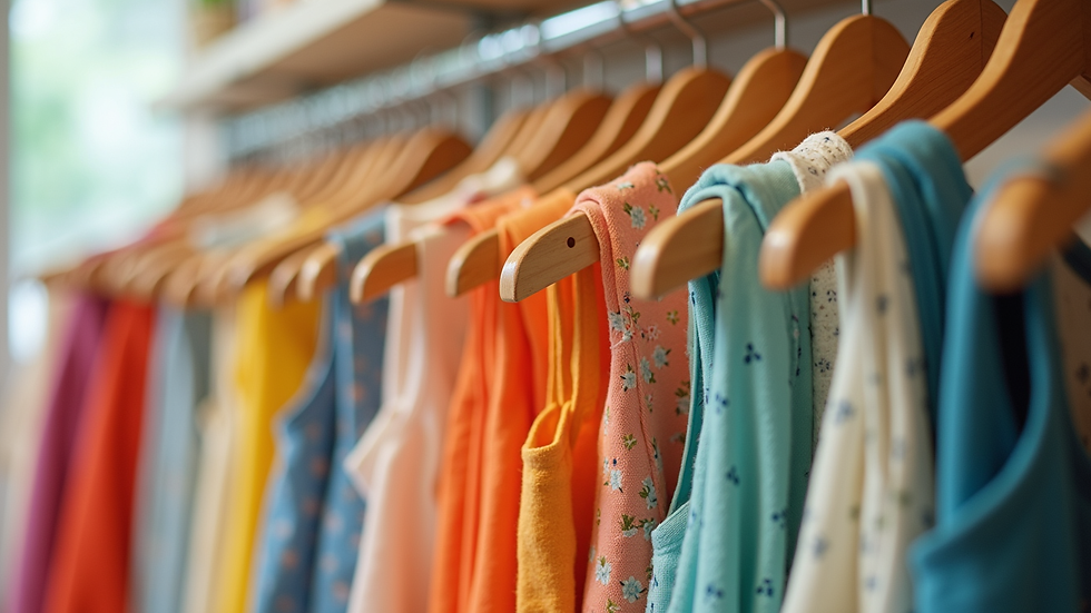 Eye-level view of a clothing rack displaying a variety of colorful summer dresses