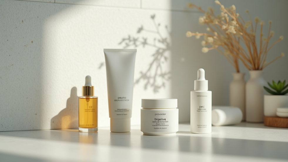 Close-up view of skincare products arranged neatly on a bathroom counter