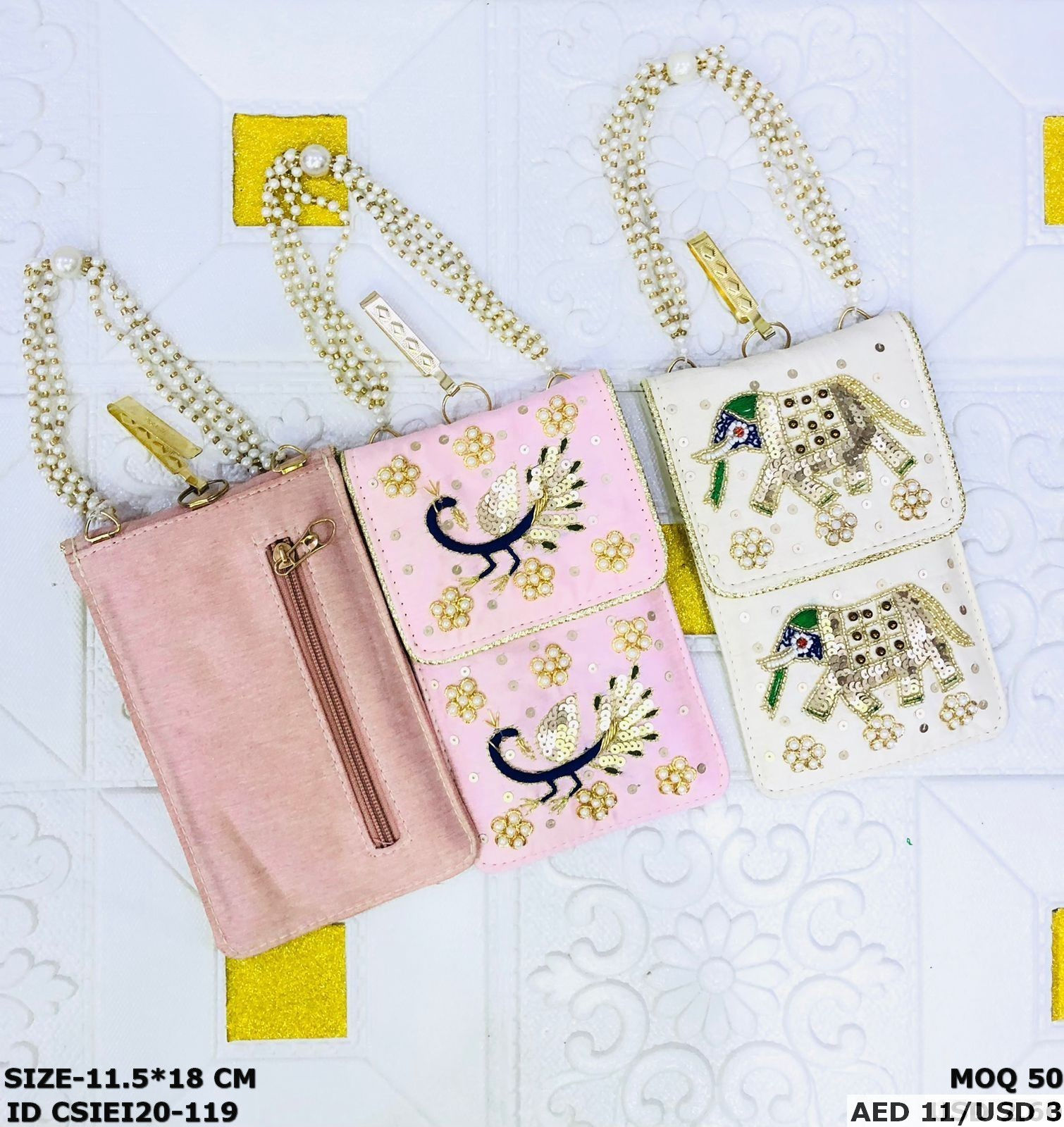 Handcrafted Embroidered Mobile Sling Bags with Pearl Handle