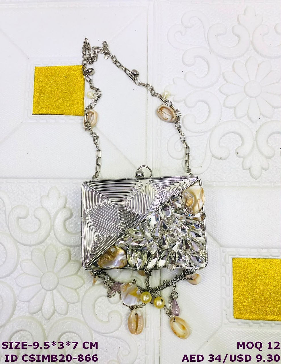 Thumbnail: Designer Metal Crystal Stone Box Clutch with Shell Tassel Chain for Women