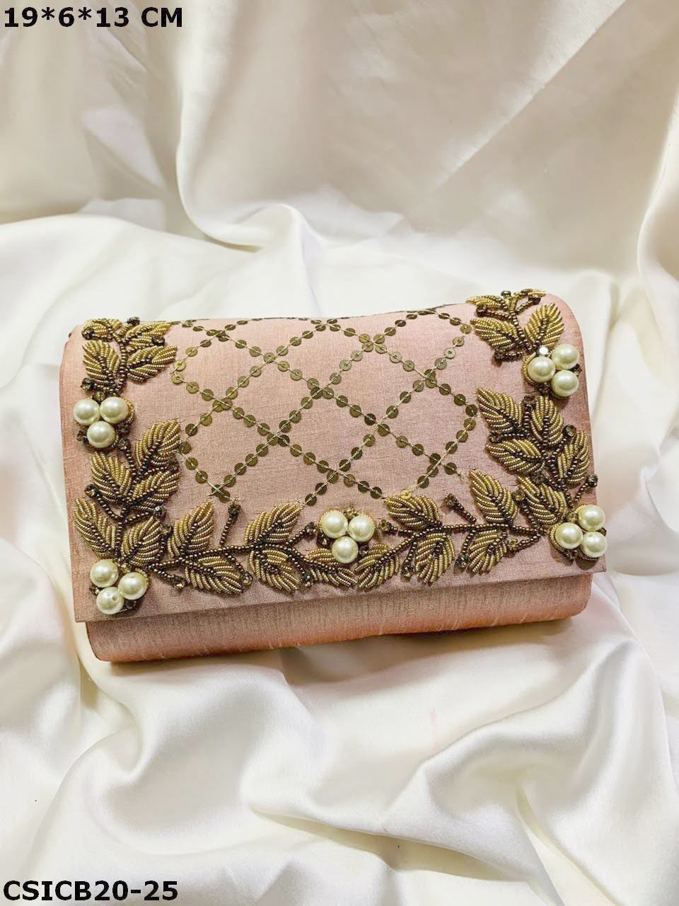 Thumbnail: Handcrafted Designer Sequence & Zari Crystal Beaded Embroidery Raw Silk Clutches